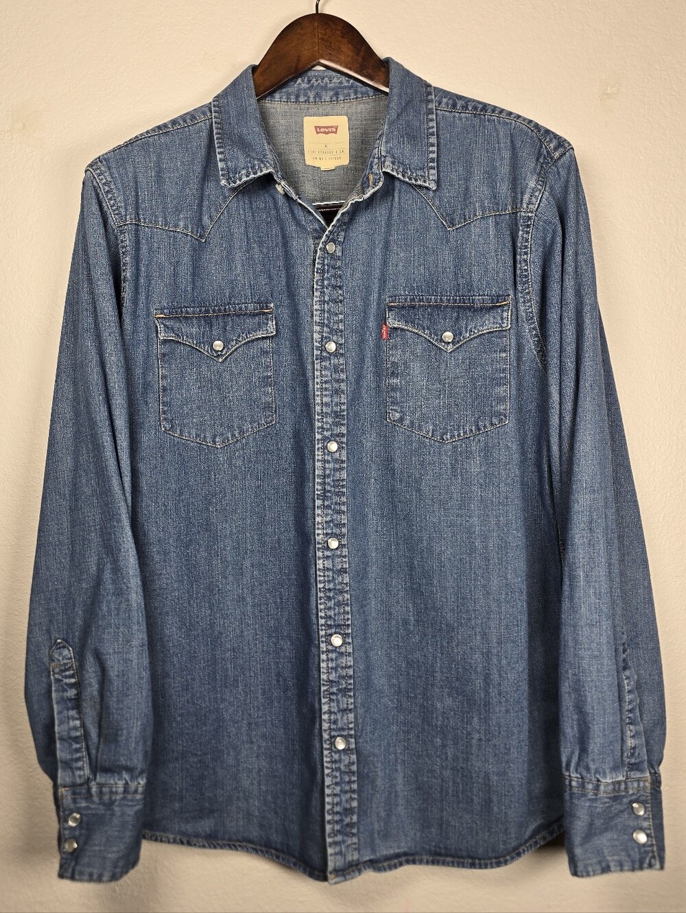 Levi's Denim Western Barstow Shirt Pearl Snap Men's L Slim XL Blue Jean